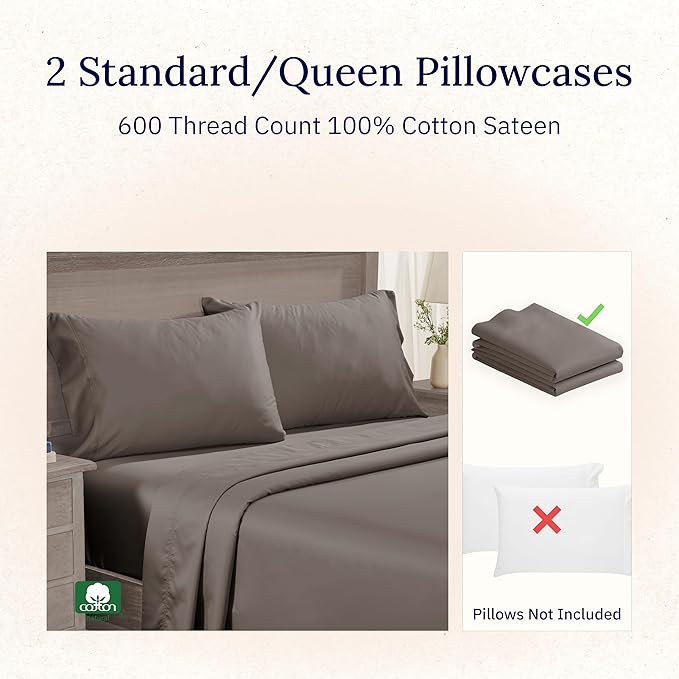 California Design Den Luxuriously Soft Premium 600 Thread Count, 100% Cotton Queen Pillowcases Set of 2, Crisp Standard Pillow Covers Fits Standard & Queen Pillows (Mushroom - Taupe Brown)