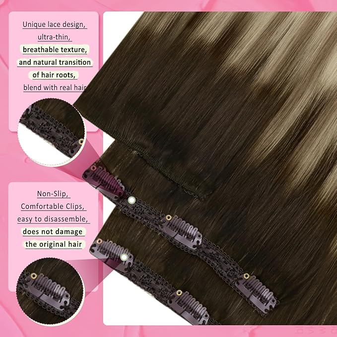 YoungSee 150G Balayage Clip in Hair Extensions Real Human Hair Ombre Hair Extensions Clip ins Walnut Brown Ombre Light Brown with Blonde Clip on Hair Extension for Women 20inch 7pcs