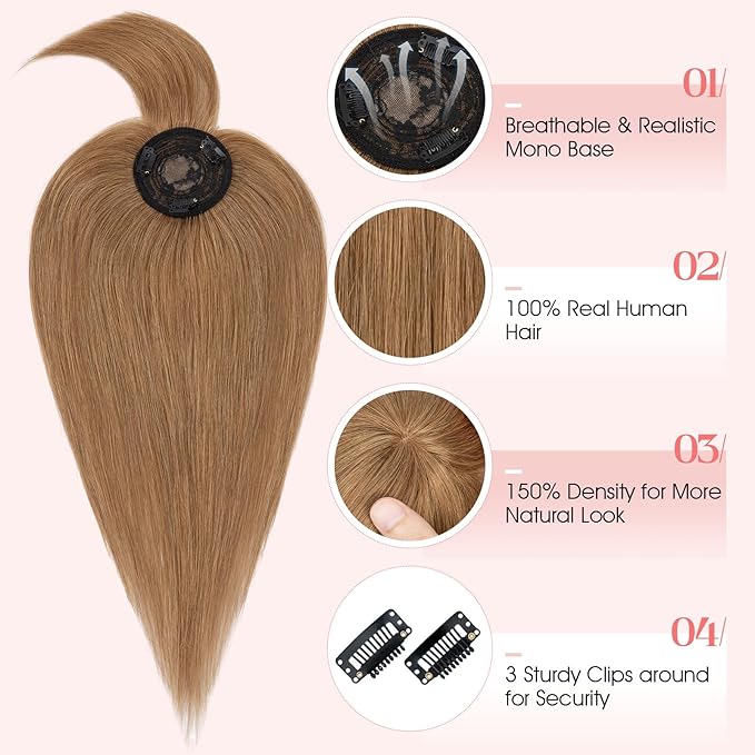 Hairro Mono Hair Toppers with Bangs, 3.4" x 3.4" Mono Base 100% Real Human Hairpieces for Women, 150% Density Clips In Topper for Greyish Thinning Hair, 16 Inch Blondish Brown