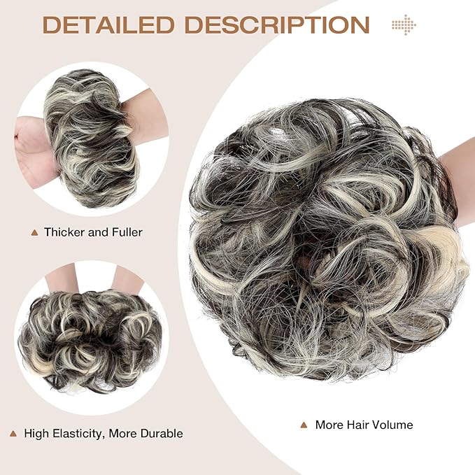 Messy Bun Hair Piece Wavy Curly Scrunchies Fluffy Donut Thick Updo Elegant Chignon Hairpieces for Women Girls, Dark Brown Mix Bleach Blonde 1.4oz