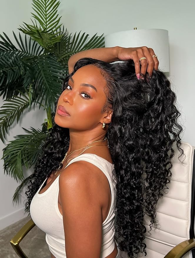 Julia Hair Bye Bye Knots Wig 13x4 Glueless Wigs Human Hair Mixed Curls Water Wave and Jerry Curly Fluffy Wig Pre Everything Pre Plucked Pre Cut HD Lace Bleached Knots Natural Black 26 Inch