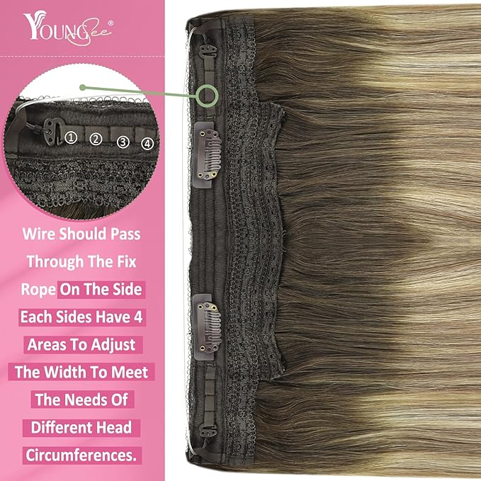 YoungSee Wire Hair Extensions Real Human Hair Brown Balayage Hair Extensions Invisible Wire Dark Roots to Light Brown with Blonde Reusable One Piece Hair Extension Easy to Wear 18Inch 80G