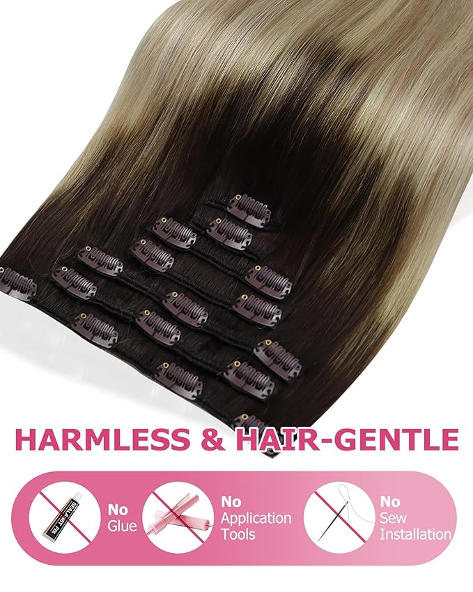 YoungSee Balayage Clip in Hair Extensions Medium Brown Ombre Golden Mix Platinum Blonde Balayage Clip in Extensions Invisible Clip in Human Hair Extensions Easy to Install 18Inch 120G 7Pcs