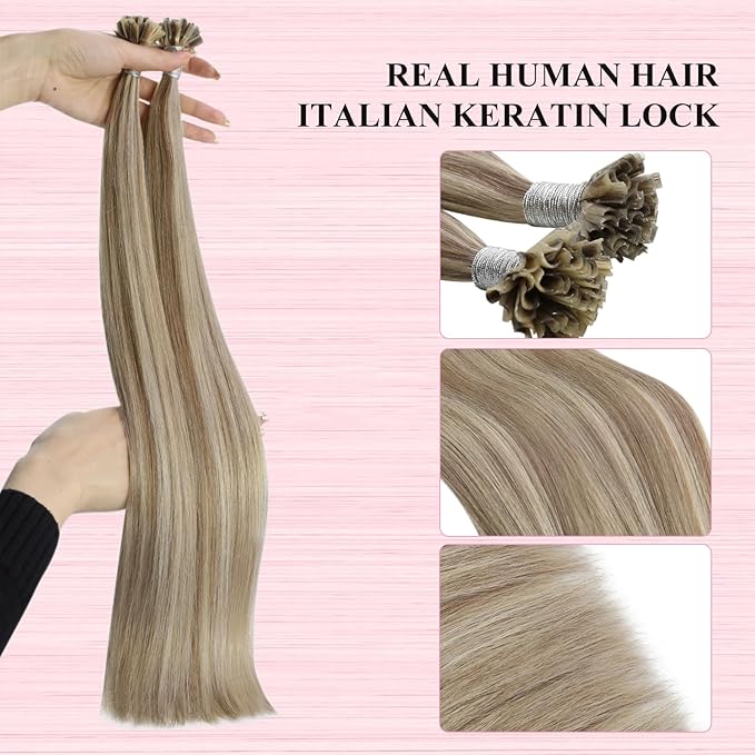 YoungSee U Tips Hair Extensions Real Human Hair Brown to Blonde U Tip Extensions for Women Light Brown Highlight Blonde Hair Extension U Tips 22In Ktip Hair Extension Human Hair Straight 50s/50g