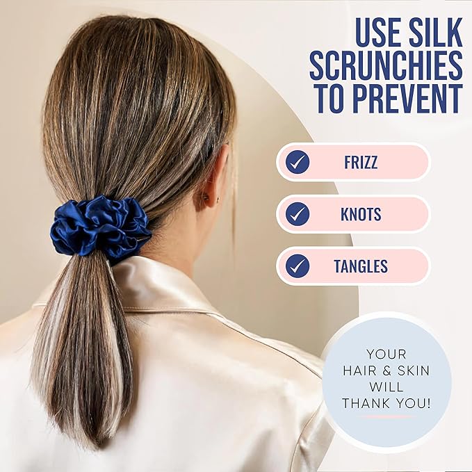 Blissy Silk Scrunchies (3 Pack) - 100% Pure Mulberry Silk - 22 Momme 6A High-Grade Fibers Scrunchie for Straight & Curly Hair - Preventing Breakage, Tangling, & Creasing (Blue Skinny)