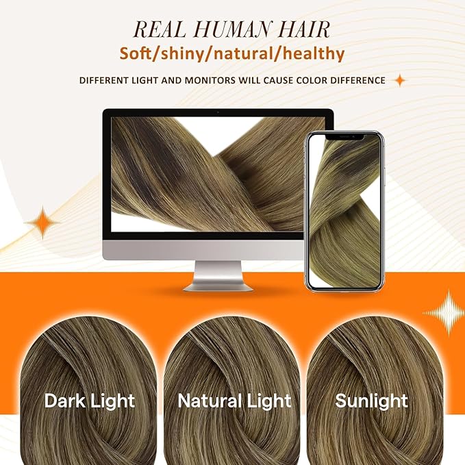 Full Shine Seamless Hair Extensions Clip in 18 Inch Balayage Dark Brown to Light Brown with Honey Blonde Human Hair Clip in Extensions Add Volume 8 PCS 120 G
