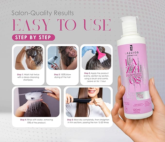 Lazzios Intense Organic Hair Protein 120 ml (4 oz) – Brazilian Professional Straightening & Smoothing Treatment – Safe Formula with No Toxic Acids, Hyaluronic Acid, Keratin, Caviar & Argan Oil
