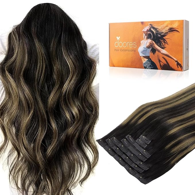 DOORES Real Human Hair Extensions, Natural Black & Mixed Chestnut Brown, 110g, 7pcs, 14 Inch, Seamless Clip In, Straight, Invisi Edge