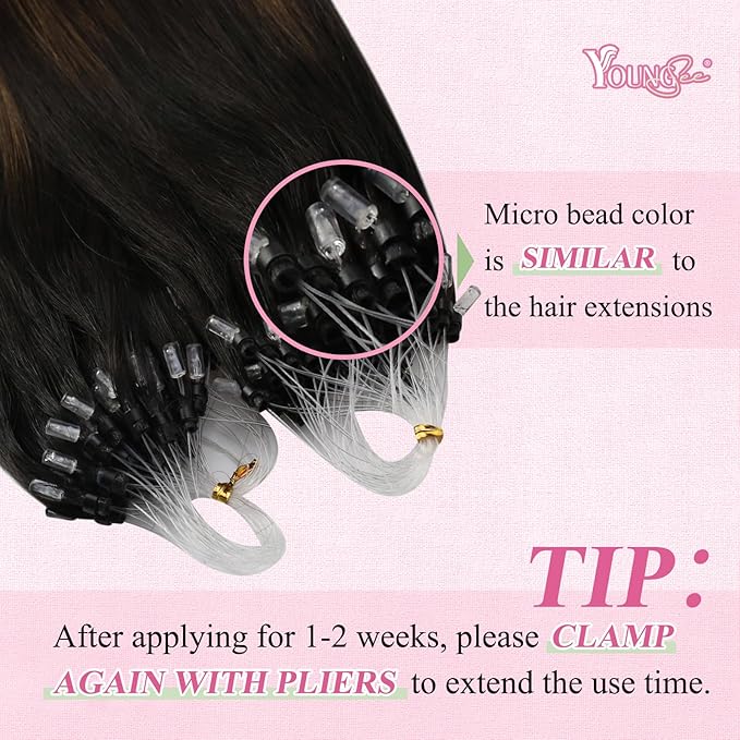 YoungSee Micro Loop Hair Extensions Real Human Hair Balayage 16In Micro Bead Hair Extensions Human Hair Dark Brown Ombre Blonde with Browns Beaded Hair Extension Soft and Silky for Prom 50g 50s