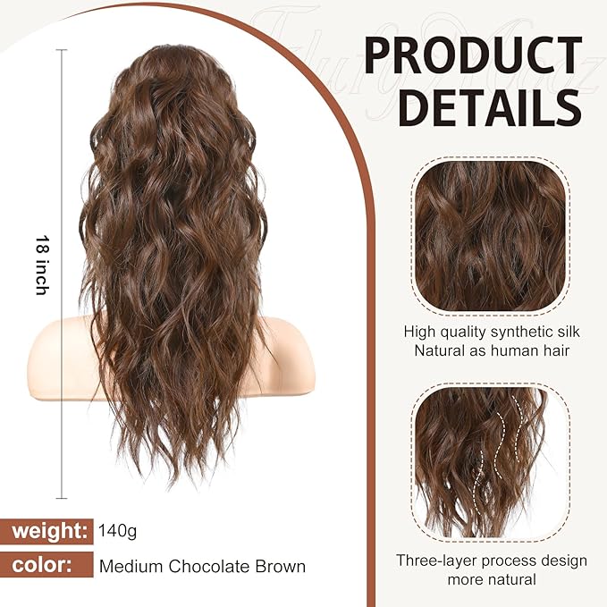 FLUFYMOOZ Ponytail Extension, 18 Inch Claw Clip Ponytail Extension, Wavy Curly Claw Clip in Ponytail Hair Extensions, Natural Fake Ponytail Synthetic Hairpiece for Women (Medium Chocolate Brown)