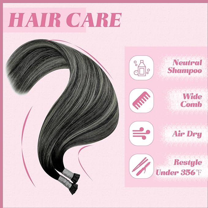 YoungSee Itip Hair Extensions Real Human Hair Ombre 14 Inch I Tip Hair Extensions Balayage Black Itip Human Hair Extension Black Ombre Silver I Tips Extension 50g 80s Itips Extension for Short Hair