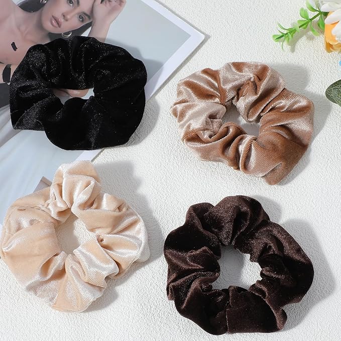 4 Pcs Velvet Scrunchies, Ymapinc Large Scrunchies for Women & Girls, Soft Hair Ties, Elastic Hair Bands for Thick/Thin Hair, Black & Dark Color Ponytail Holders Hair Accessories