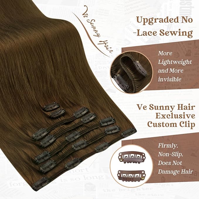 Ve Sunny 24 inch Human Hair Extensions Clip ins Cool Ash Brown Real Hair Extensions Clip in Human Hair Double Weft Remy Hair Extensions 7pcs 120g