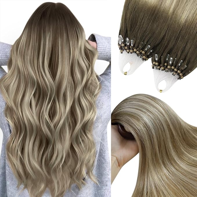 YoungSee Micro Loop Hair Extensions Real Human Hair Balayage Microbead Hair Extensions Human Hair Balayage Brown with Blonde Bead Hair Extension 20In for Photo Shoots 50s/50g