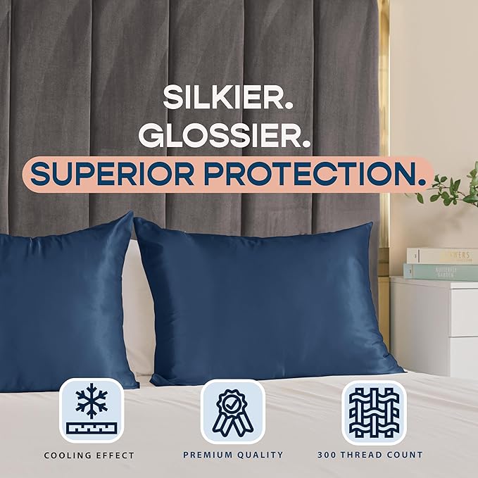 BLISSFORD Satin Pillowcase with Zipper, for Hair and Skin Care, Feels Soft and Cool Like a Silk Pillowcase, Satin Pillow Cases 2 Pack, Slik Pillow Cover, Navy - Standard Size, Set of 2