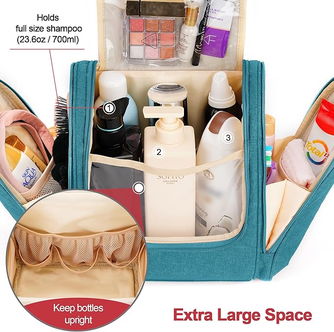 Travel Hanging Toiletry Bag for Women and Men, 6 Organizer Compartments, Holds Full Size Bottles, Extra Large Cosmetic Accessories, Makeup essentials, Bathroom Water-resistant Toiletries Bag, Blue
