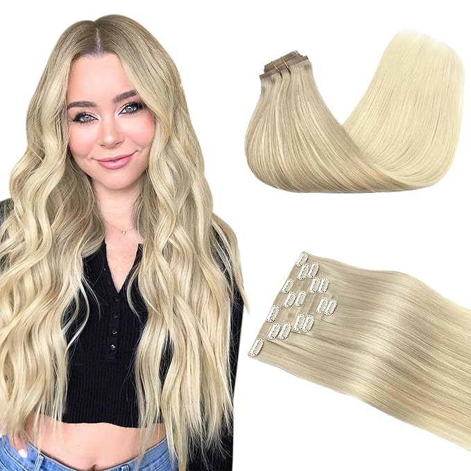 GOO GOO Clip in Hair Extensions Real Human Hair, Remy Human Hair Extensions Clip ins for Women, Natural Human Hair, 18inch 130g 7Pcs, Ash Blonde to Platinum Blonde Balayage