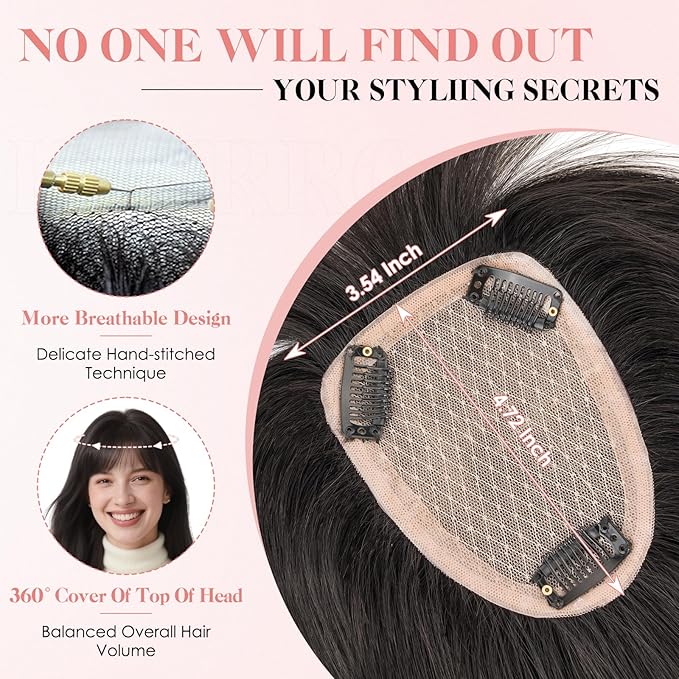 Hairro Human Hair Toppers with Wispy Bangs, 3.5x4.7" Hand-wovened Base for Women with Thinning Hair, Lightweight & Breathable Realistic Scalp, Clip-in Hairpieces for Easy Wear, 14 Inch Natural Black
