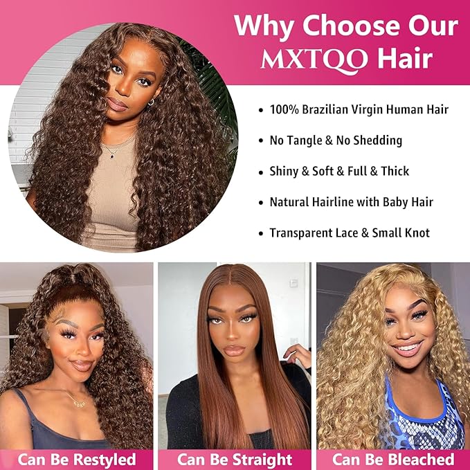 Chocolate Brown Deep Wave 13x6 HD Lace Front Wigs Human Hair 200 Density Curly Wig Wet and Wavy Lace Front Wigs for Women Human Hair Wig Pre Plucked with Baby Hair (22 Inch)