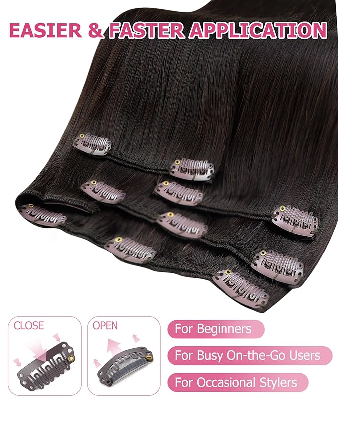 YoungSee 135G Brown Hair Extensions Clip ins Darkest Brown Clip in Hair Extensions Real Human Hair Thick Hair Clip in Extensions 16Inch 7Pcs