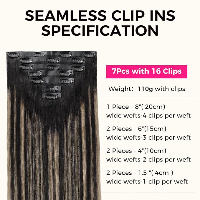 Lashey Seamless Clip in Hair Extensions Human Hair, 110g 7pcs Straight Balayage Natural Black to Light Blonde Highlighted Clip in Hair Extensions for Black Women 14 Inch