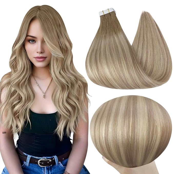Full Shine 20 Inch Tape in Extensions Invisible Tape in Hair Extensions Human Hair Color 8 Ash Brown Fading To 60 Platinum Blonde and 18 Ash Blonde Hair Extensions Tape in 20 Pcs 50G for Women