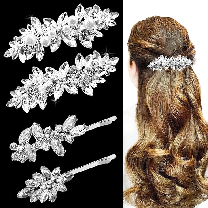 4pcs Rhinestone Pearl Wedding Hair Clips Silver New Bride Bridesmaid Spring Clips French Hairpins Elegant Floral Stylish Accessories Gift for Women Girls Leaf Style