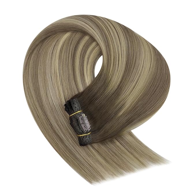 YoungSee 150G Balayage Clip in Hair Extensions Real Human Hair Ombre Hair Extensions Clip ins Walnut Brown Ombre Light Brown with Blonde Clip on Hair Extension for Women 20inch 7pcs