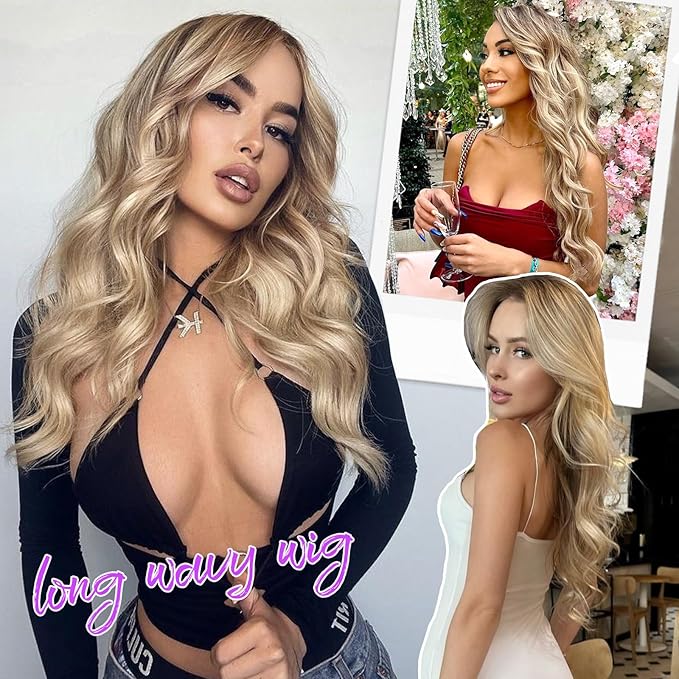 Honey Blonde Wig for Women Long Wavy 4x1 Lace Natural Hairline Glueless for Beginners Middle Part Synthetic for Daily Party Use 26Inch