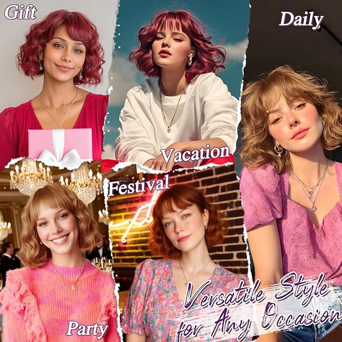 BARSDAR Copper Red Short Wavy Wig with Bangs - Short Copper Red Bob Wigs for Women - Curly Wavy Textured French Bob Wig with Bangs Soft Synthetic Natural Looking Face-Framing Daily
