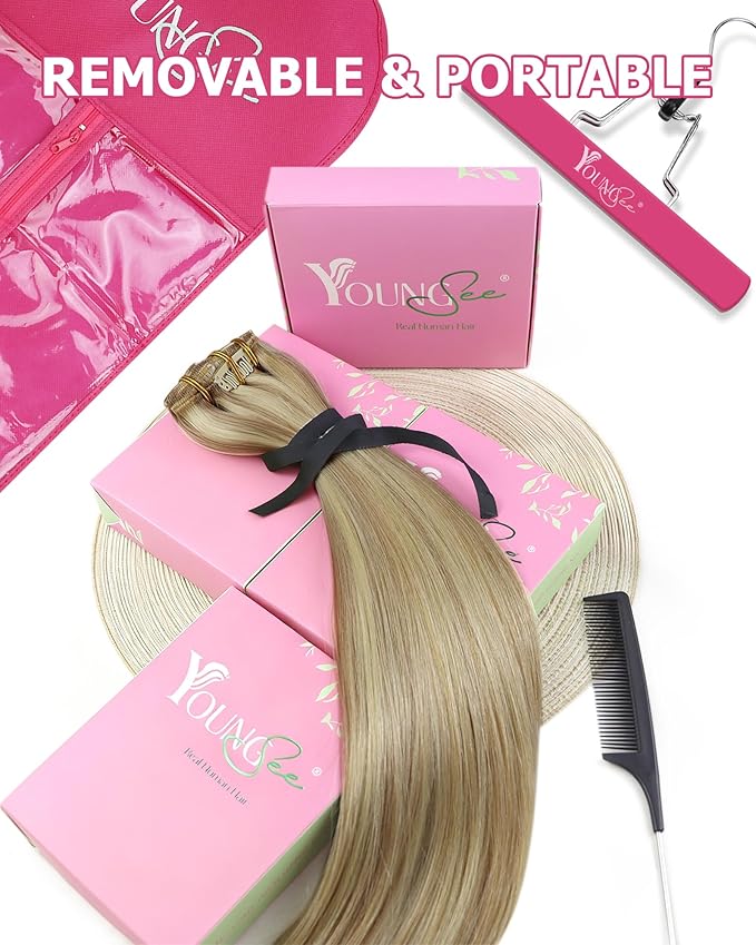 YoungSee Clip in Human Hair Extension Highlight Clip in Hair Extensions Light Blonde Highlights Golden Blonde Real Hair Extension Clip ins Human Hair for Short Hair 12Inch 7Pcs 85G