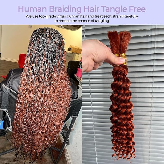350# Deep Wave Human Braiding Hair Bundles For Boho Braids Ginger Color Crochet 100% Human Hair Deep Curly 100g (2 of 50g) 16 Inch