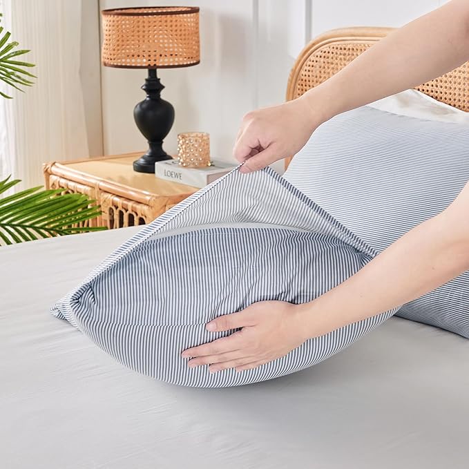 JELLYMONI 100% Natural Cotton Striped Standard Pillowcases Set, 2 Pack Thin White and Blue Stripes Pattern Printed Pillow Covers with Envelope Closure(Pillows are not Included)