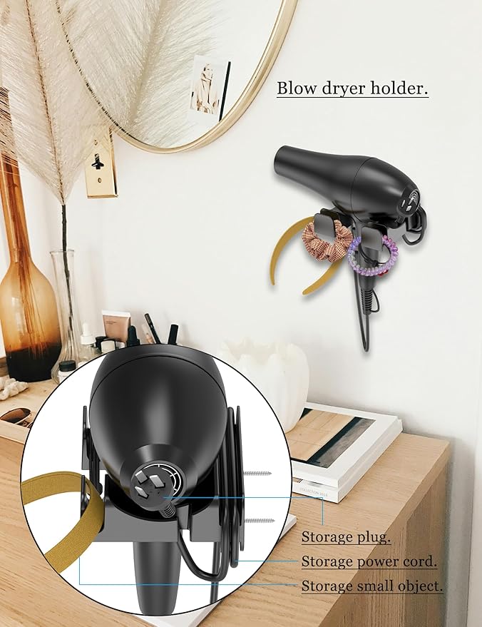 Universal Hair Dryer Holder Wall Mounted, Blow Dryer Holder Cabinet Door, Hairdryer Holder for Bathroom, Hair Dryer Storage Rack Fixed by Screw or Adhesive (Black)