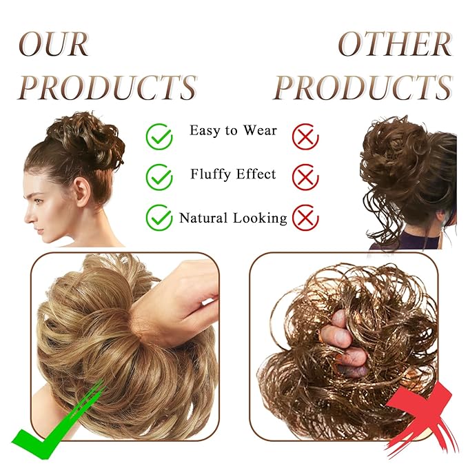 Large Messy Bun Hair Piece Curly Synthetic Extensions Scrunchies Fake Chignon Updo Hairpieces for Women Bronde Highlights