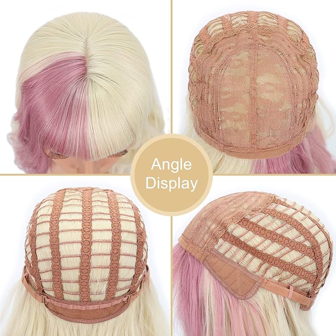 FAELBATY Short Blonde Wig Highlight Pink Wigs With Bangs Women's Blonde Mixed Pink Bob Wig Curly Wavy Synthetic Cosplay Wig Shoulder Length Wig for Girl's Costume Wigs(12" blonde mixed pink)