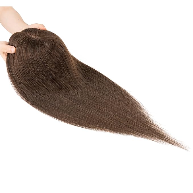 Hairro Human Hair Toppers Free Parted, 3.5x4.7" Base Hand-wovened 100% Real Hairpieces, with Invisible Clips-in for Women, for High Hairline/Adding Volume on Top, 14 Inch Dark Brown