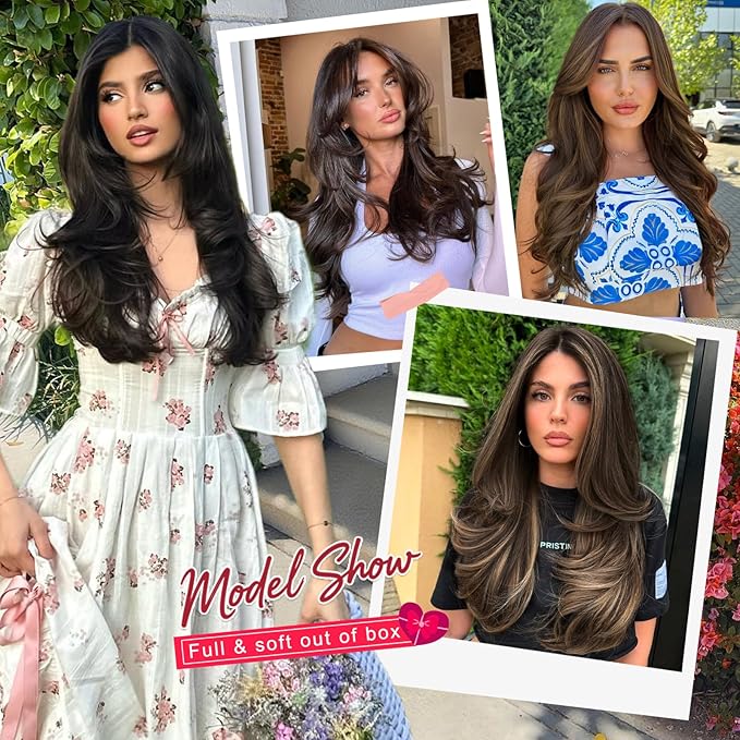 ALXNAN Long Wavy Hair Extensions for Women, Clip in Hair Extensions Clip Ins Soft Full Head Synthetic Hairpieces 20 Inch Medium Ash Brown