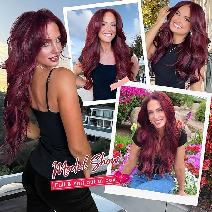 ALXNAN Long Wavy Hair Extensions for Women, Clip in Hair Extensions Clip Ins Soft Full Head Synthetic Hairpieces 20 Inch Ombre Burgundy mix Black