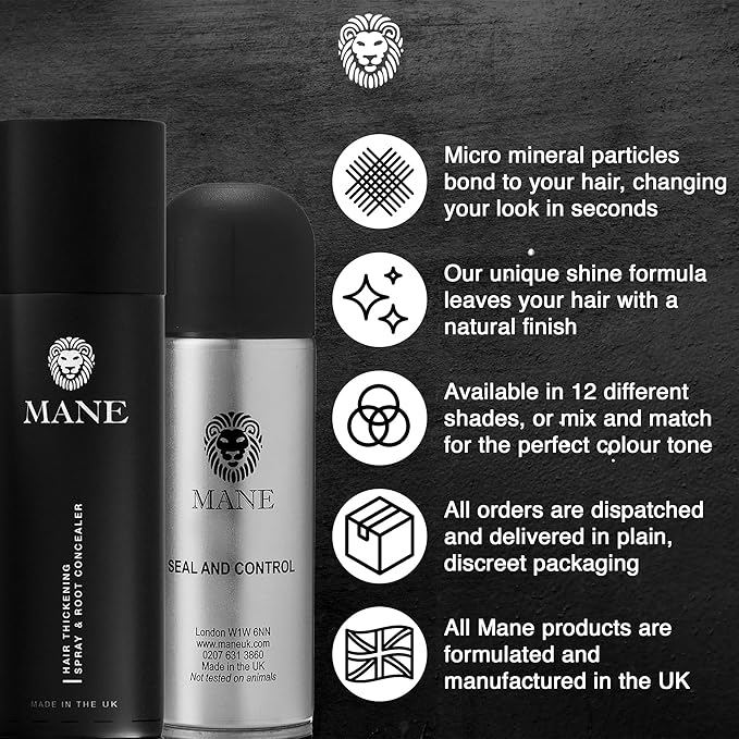 MANE Hair Thickening Spray & Root Touch Up, Seal & Control Combo Pack, Instantly Thicker Hair for Men & Women, Fill in Hairlines and Hide Thinning and Fine Patches - Ash Blond, 12 Colors (6.76 oz)