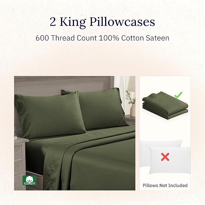 California Design Den King Size Pillowcase Set of 2 - Luxuriously Soft Premium 600 Thread Count, 100% Cotton Pillow Case Covers, Crisp Sateen, Fits King Pillows - Dark Olive Green