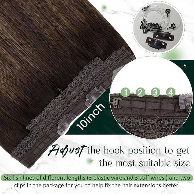 RUNATURE Wire Hair Extensions Human Hair, Invisible Fish Line Human Hair Extensions, Balayage Brown Roots Remy Hair, Real Human Hairpiece with Transparent Wire, 12 Inch 70g #2/2/6 Brown Ombre