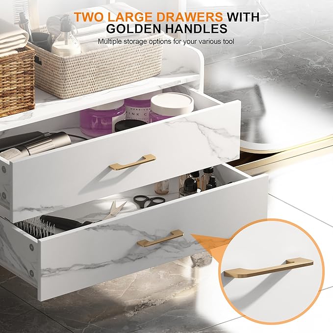 Salon Rolling Trolley with Lockable Wheels Barber Cart with Storage Drawer Mobile Hair Station Cabinet for Beauty Makeup Esthetician Spa Massage (White Marble-one Shelf-Two-Drawers)