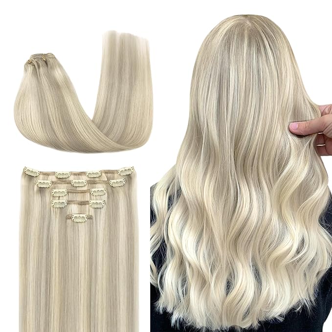 DOORES Clip in Hair Extensions Real Human Hair, 5pcs 75g Ash Blonde Highlighted Platinum Blonde 14 Inch, Human Hair Clip in Extensions Natural Straight Hair Pieces for Women
