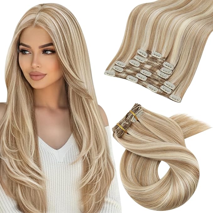 Moresoo Clip in Hair Extensions Brown Blond Highlight Real Human Hair Extensions Clip ins Chestnut Brown with Platinum Blonde for Women Long Remy Human Hair Double Weft 120g/7pcs 24in