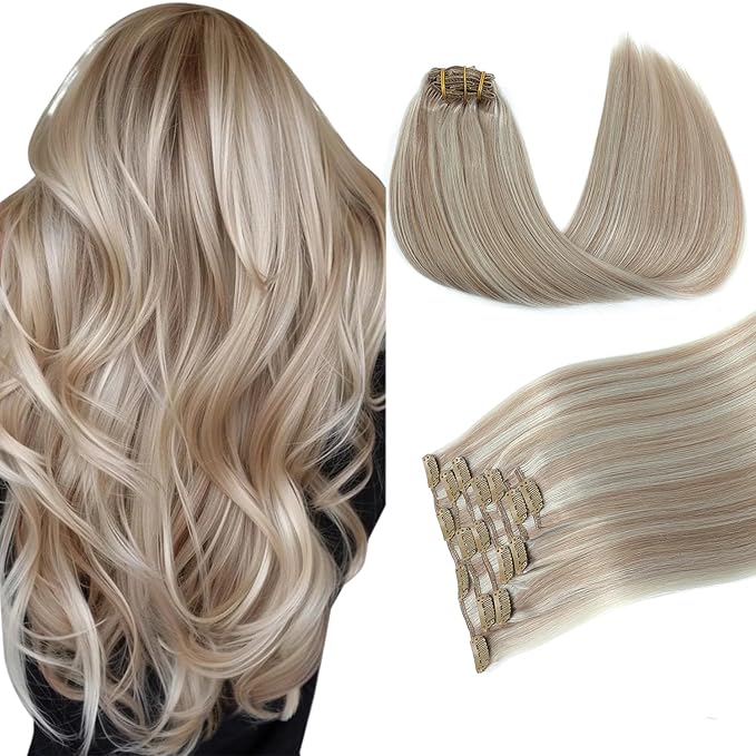 PINKPEARL Clip in Hair Extensions #18P1000 Ash Blonde Highlighted Gray Blonde 7pcs 20 Inch 120g Real Remy Hair Extensions Clip in Human Hair(#18P1000-20)