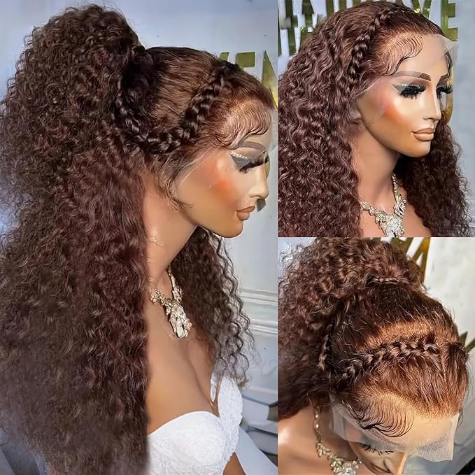 250 Density 34 Inch Deep Wave 360 Lace Front Wigs Human Hair Full Chocolate Brown Lace Front Wig Pre Plucked with Bady Hair Curly Wig 360 Glueless Lace Frontal Wigs for Women