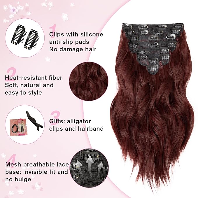 Hair Extensions Clip Ins, 16 Inch 8PCS Red Curly Clip in Hair Extensions Wavy, Synthetic Hairpieces for Women, Invisible Lace Weft Hair Extension