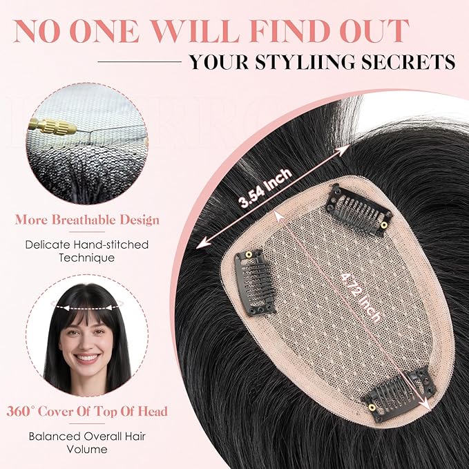 Hairro Human Hair Toppers with Wispy Bangs, 3.5x4.7" Hand-wovened Base for Women with Thinning Hair, Lightweight & Breathable Realistic Scalp, Clip-in Hairpieces for Easy Wear, 12 Inch Jet Black