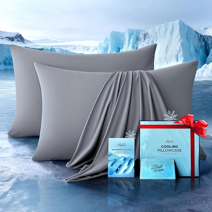 Ultra-Chill Cooling Pillowcase Set of 2 for Hot Sleepers, Softer Than Silk Pillow Cases for Protecting Hair & Skin, Breathable Bed Pillow Covers w/Zipper, Gifts for Women & Men(Light Gray, Queen)